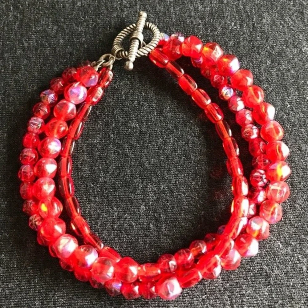 Vintage Handmade Triple Strand Red Aurora Borealis Czech Glass Sterling Clasp